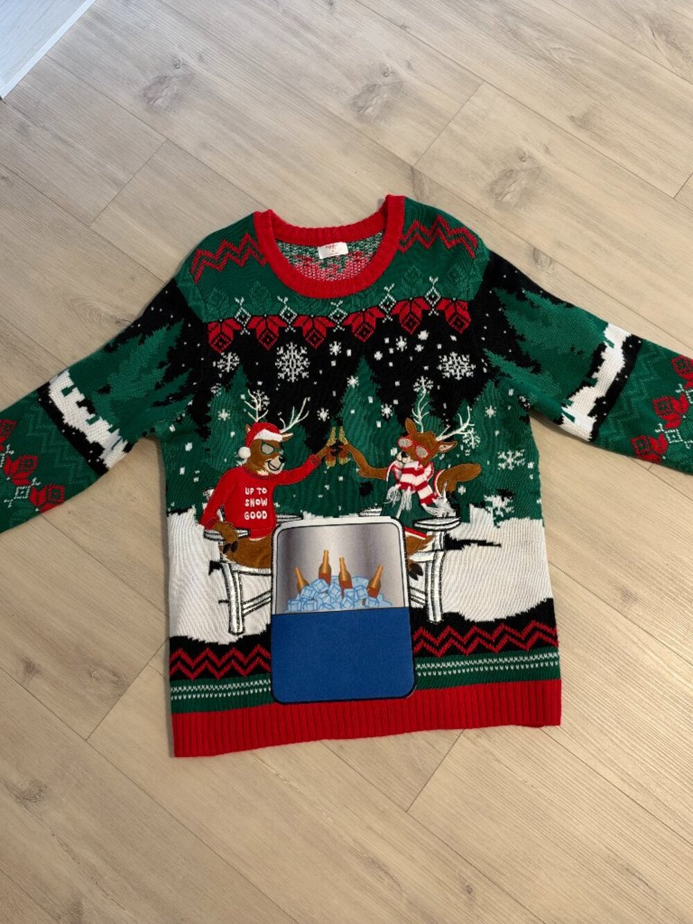 Holiday Time Ugly Christmas Sweater Reindeer Beer Cooler Pocket Knit